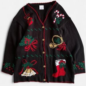 Vintage Style Studio Black Knit Button Down Christmas Holiday Cardigan Sweater